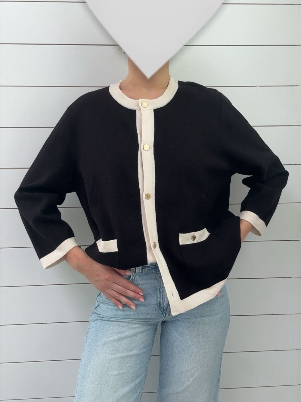 Anne Klein Black Cardigan with Cream Trim and Gold Buttons